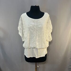 Joseph A Blouse Top Womens Extra Large White Sequin Dolman Sleeve Cinched Hem